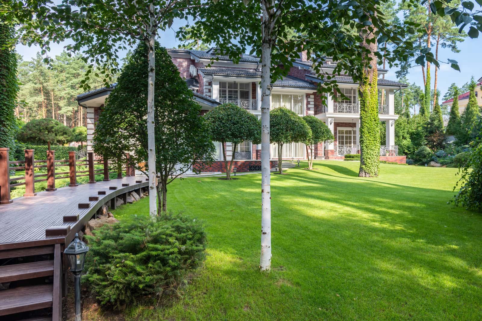 A bright backyard lawn and garden